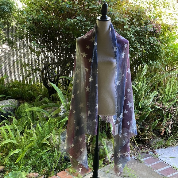 Scarf Americana Independence Day Patriotic red white blue stripes & stars fringe - Picture 4 of 8